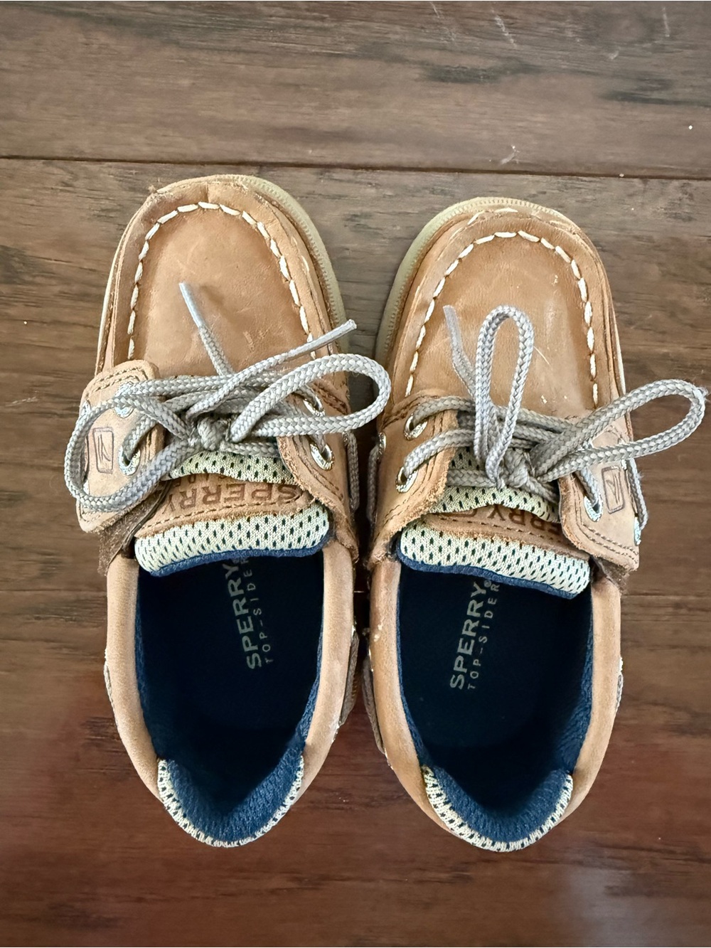 Sperry Kids Tan Leather Moccasin Boat Shoes with Navy Insole